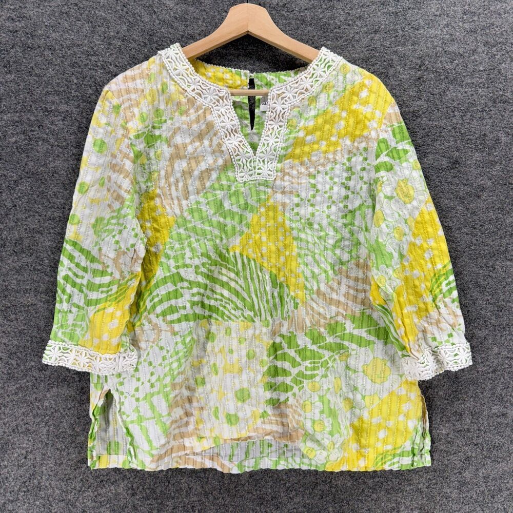 Alfred Dunner Blouse Women 18 Plus Green Floral V-Neck 3/4 Sleeve Hook & Eye